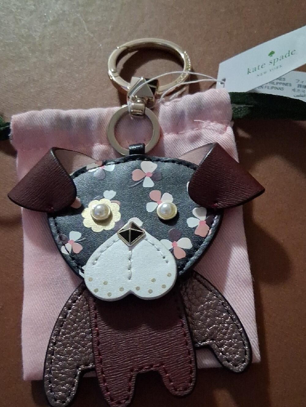 kate spade Floral Puppy Keychain Charm - Brown, Pink, White - Picture 2 of 6